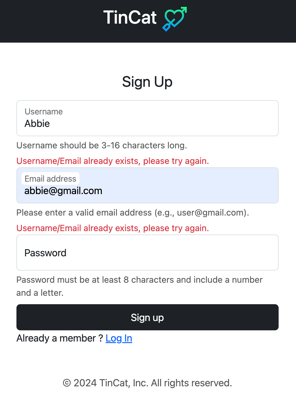 Username or Email Exists Error